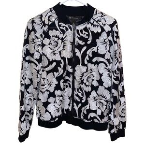 INC International Concepts Black Bomber Jacket White Floral Print with Sequins